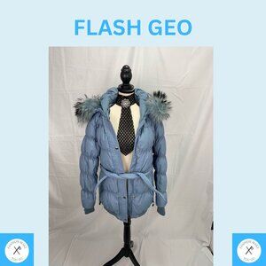 WOMEN MEDIUM PUFFER JACKET FLASH GEO BRAND WITH FUR BLUE HIGH END CANADIAN BRAND